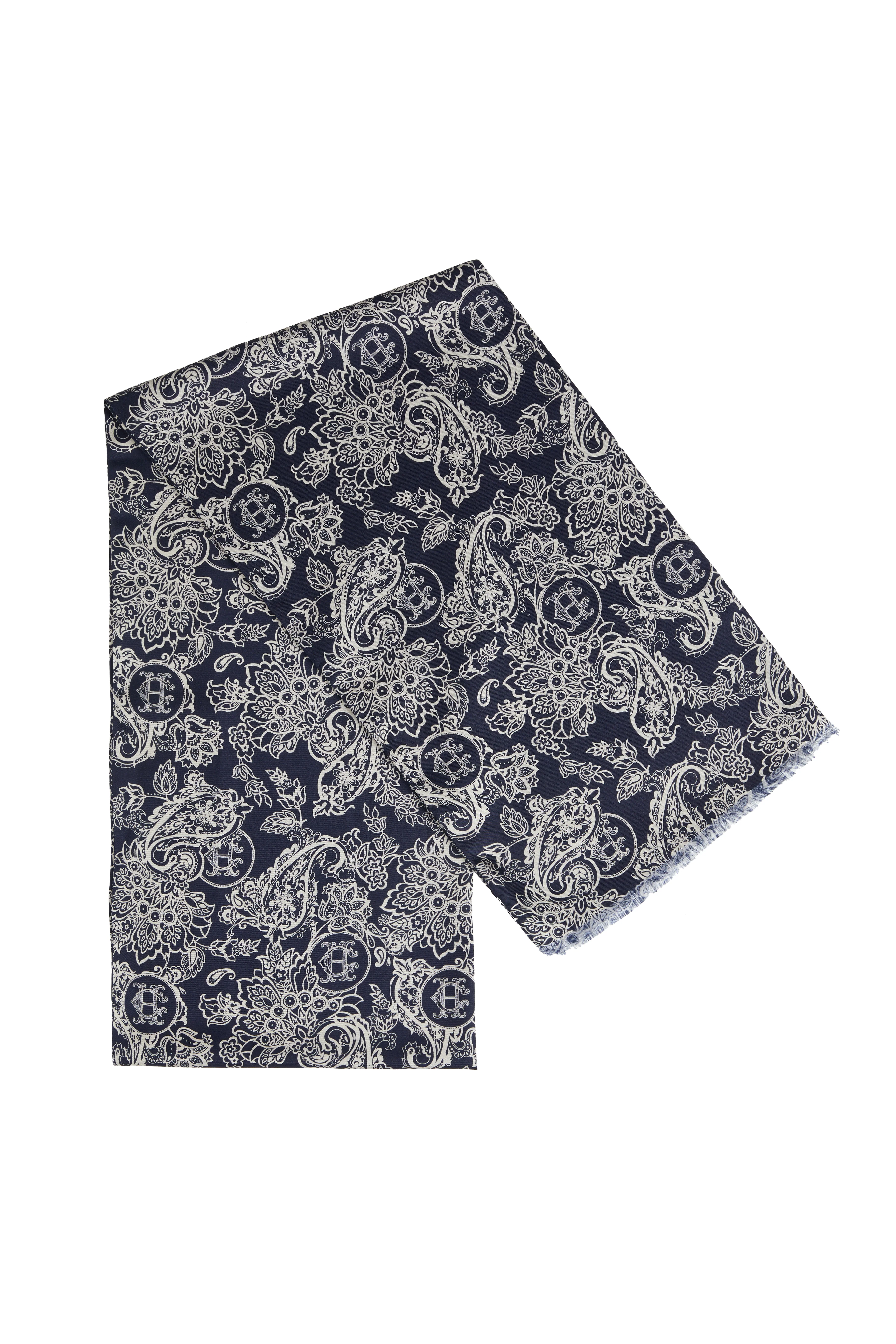 Men's Silk Scarf (Ink Navy Cream Paisley) - Image 4