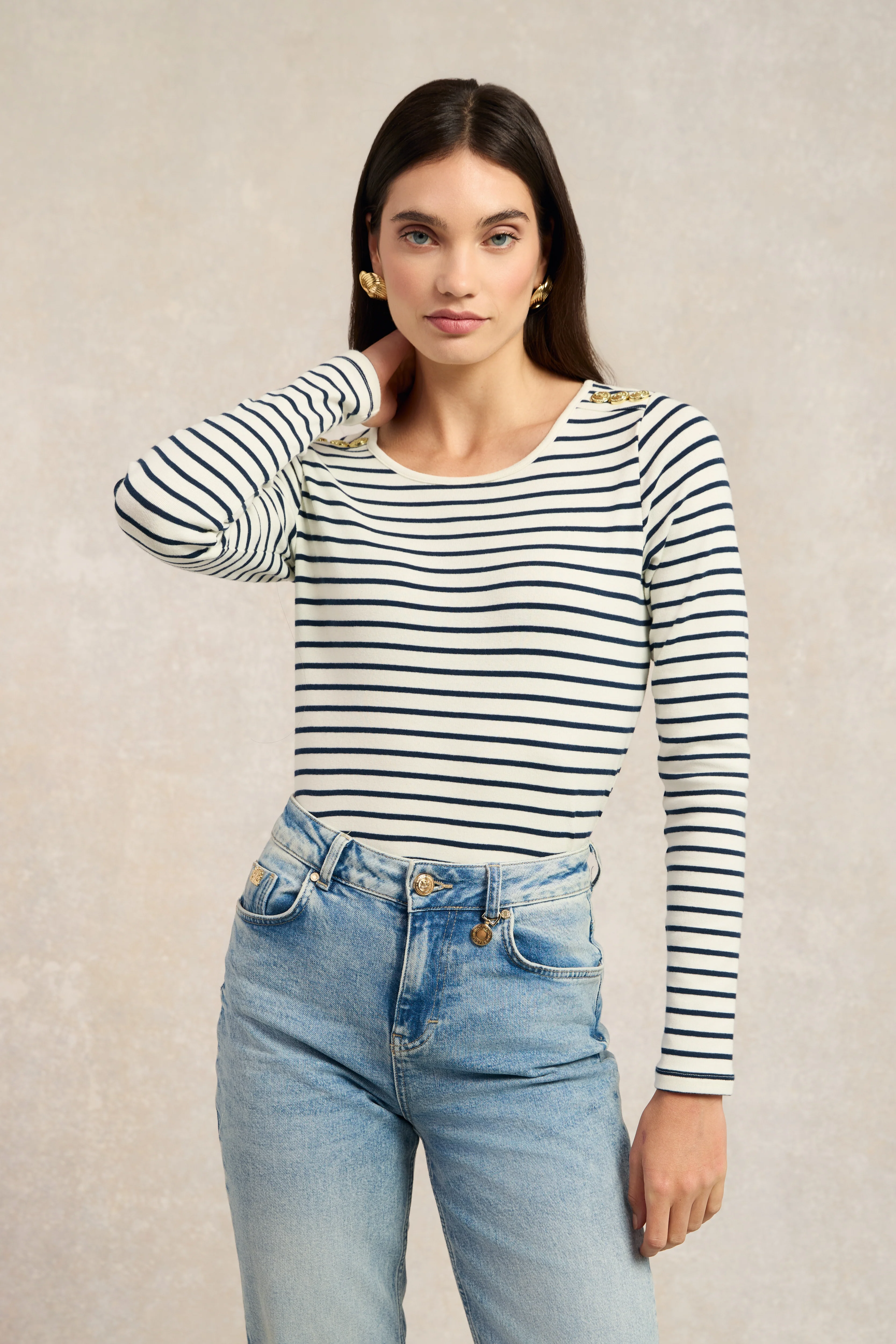 Padstow Long Sleeve Crew Neck Tee (Natural Ink Navy Stripe)