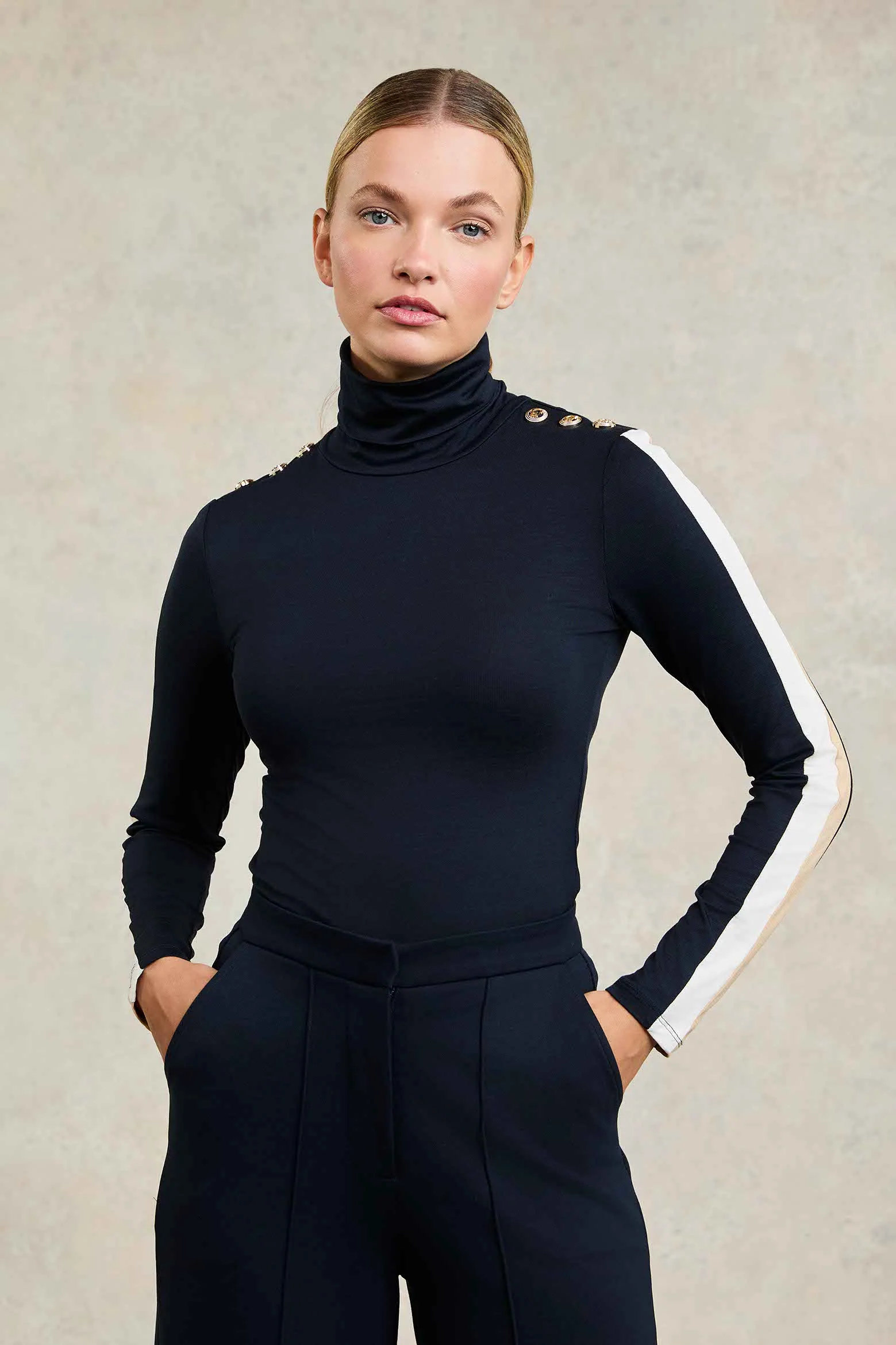 Panel Long Sleeve Roll Neck (Navy Ecru) - Image 9