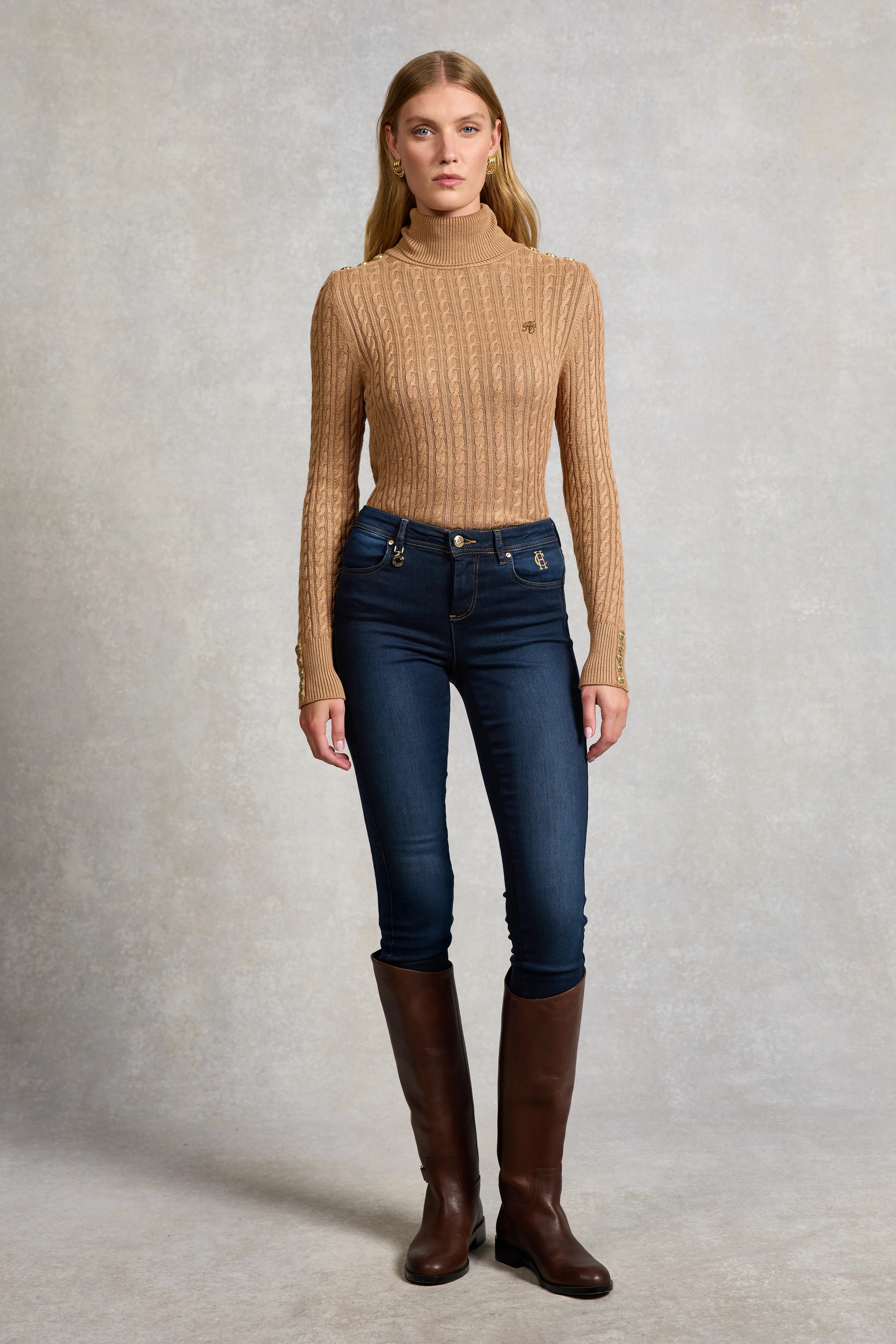 Seattle Roll Neck Cable Knit (Dark Camel Marl) - Image 2