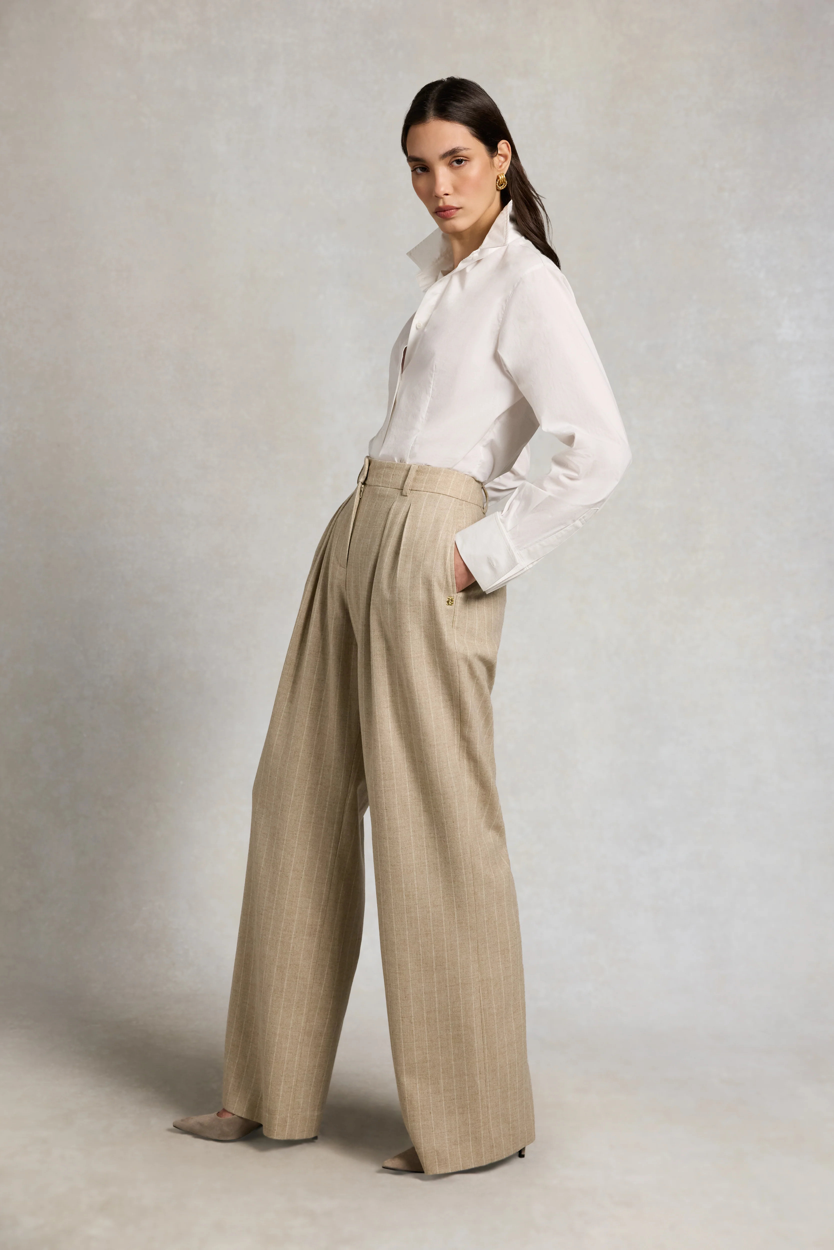 Shoreditch Pleated Trouser (Oatmeal Pinstripe) - Image 3
