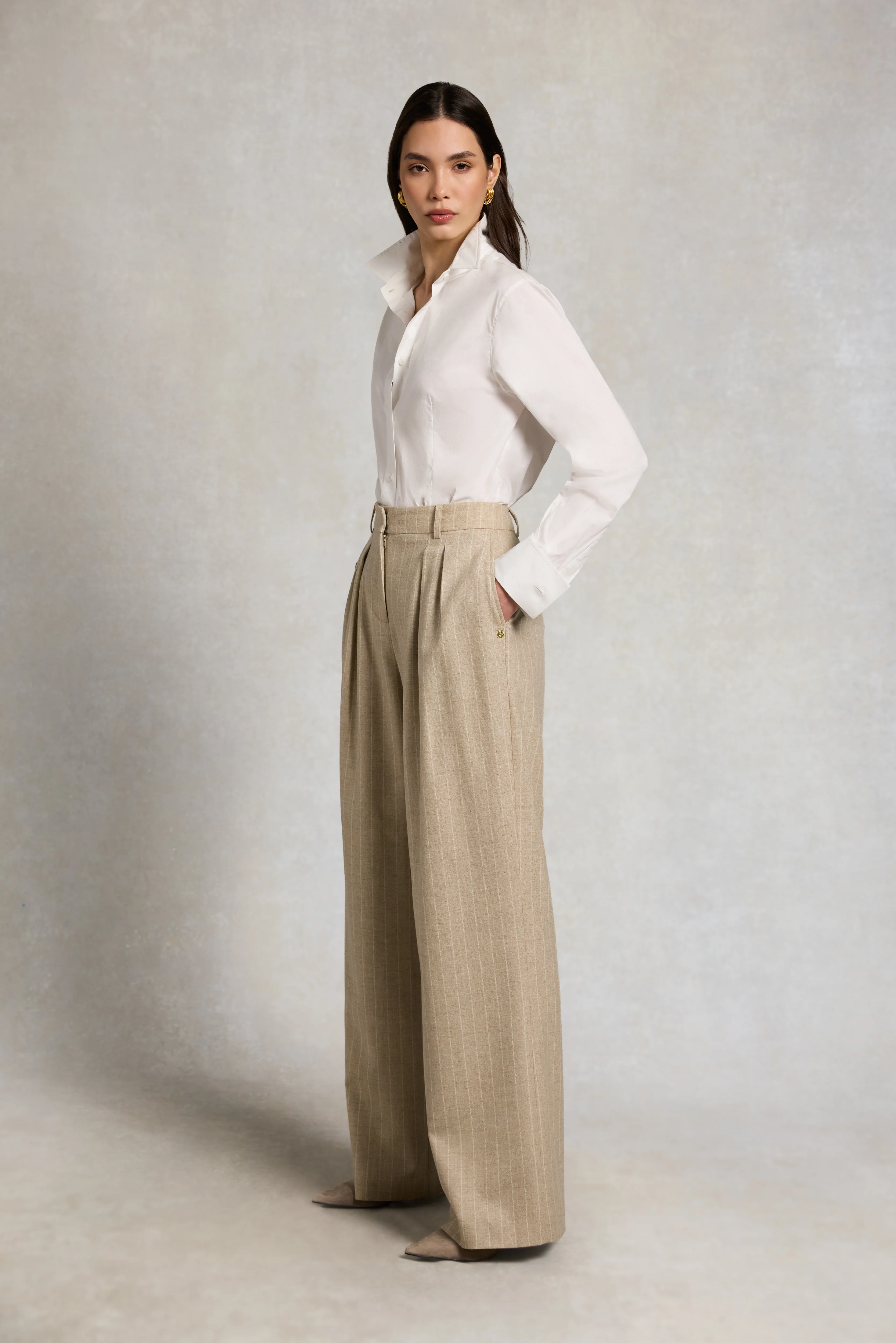 Shoreditch Pleated Trouser (Oatmeal Pinstripe) - Image 4