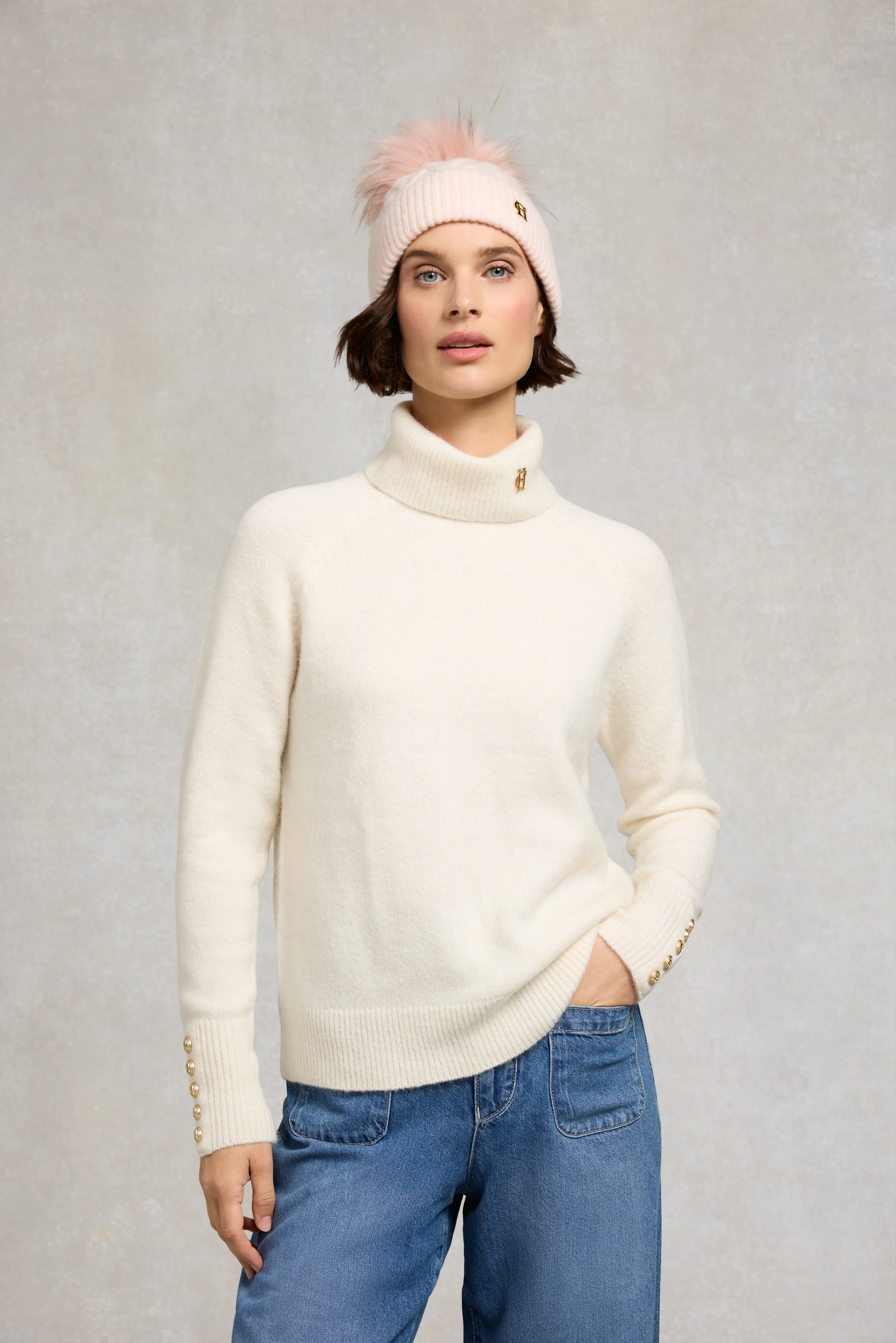 Sloane Cable Bobble Hat (Soft Pink) - Image 3