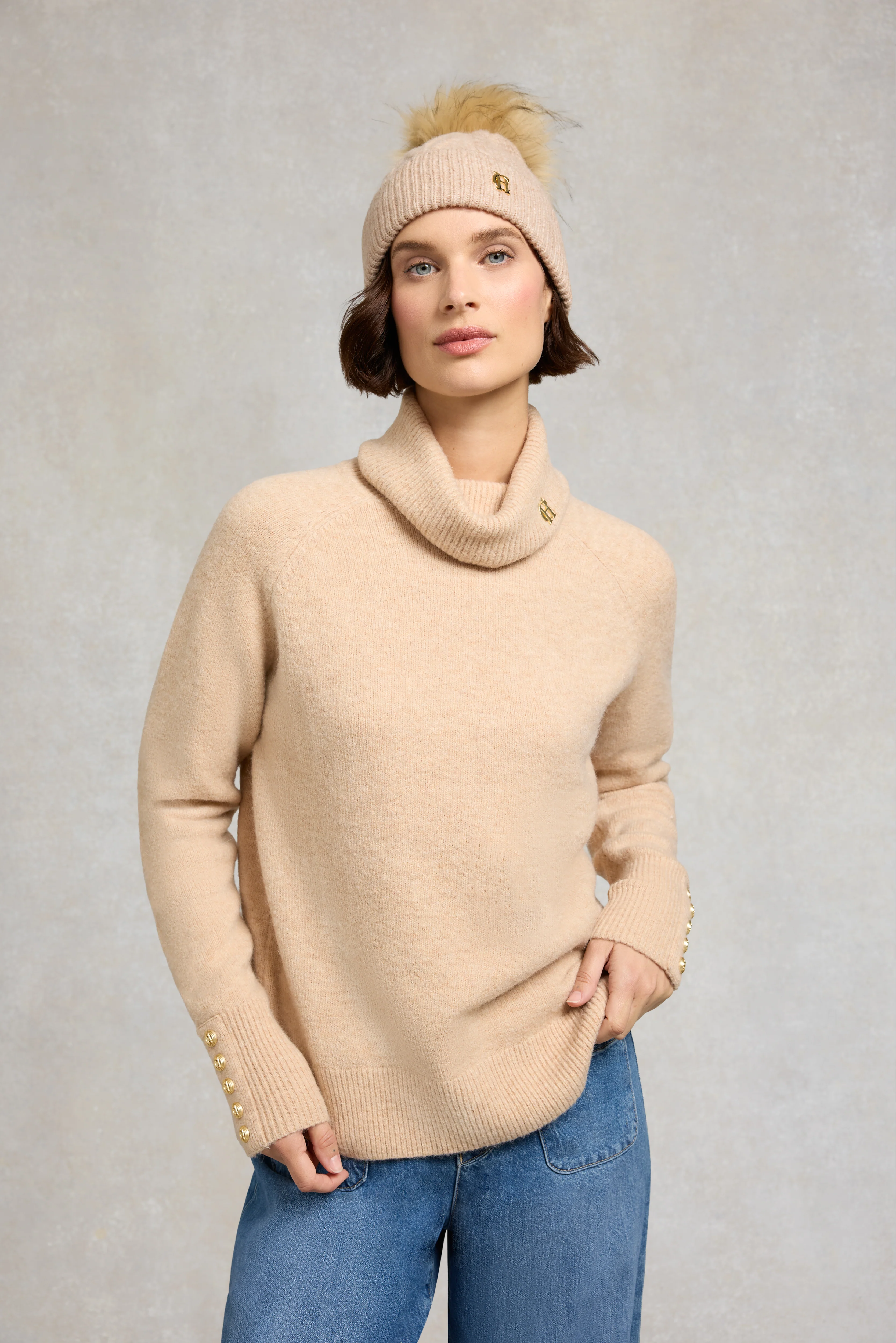 Sloane Cable Bobble Hat (Taupe Marl) - Image 2