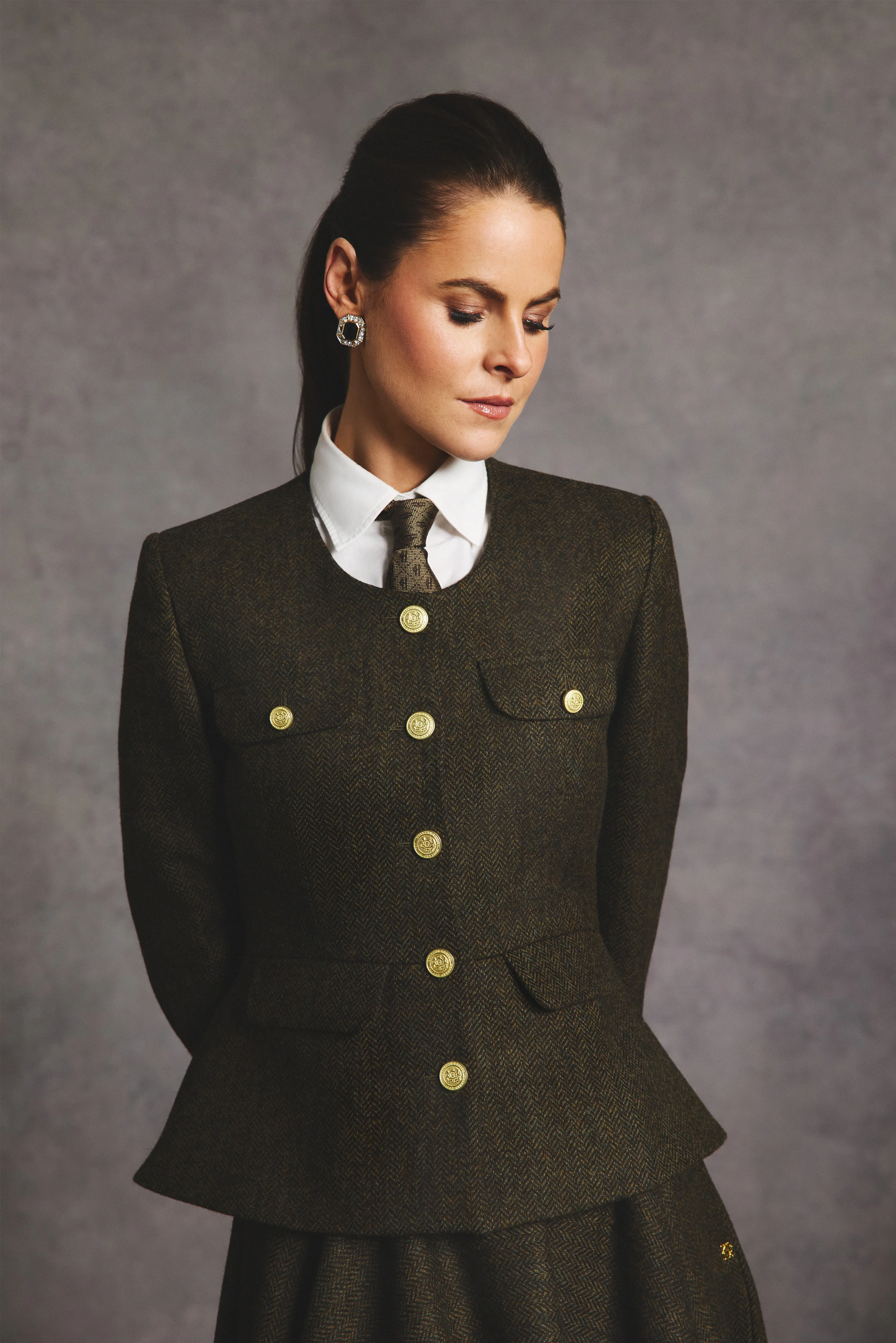 Tailored Peplum Jacket (Dark Green Herringbone)