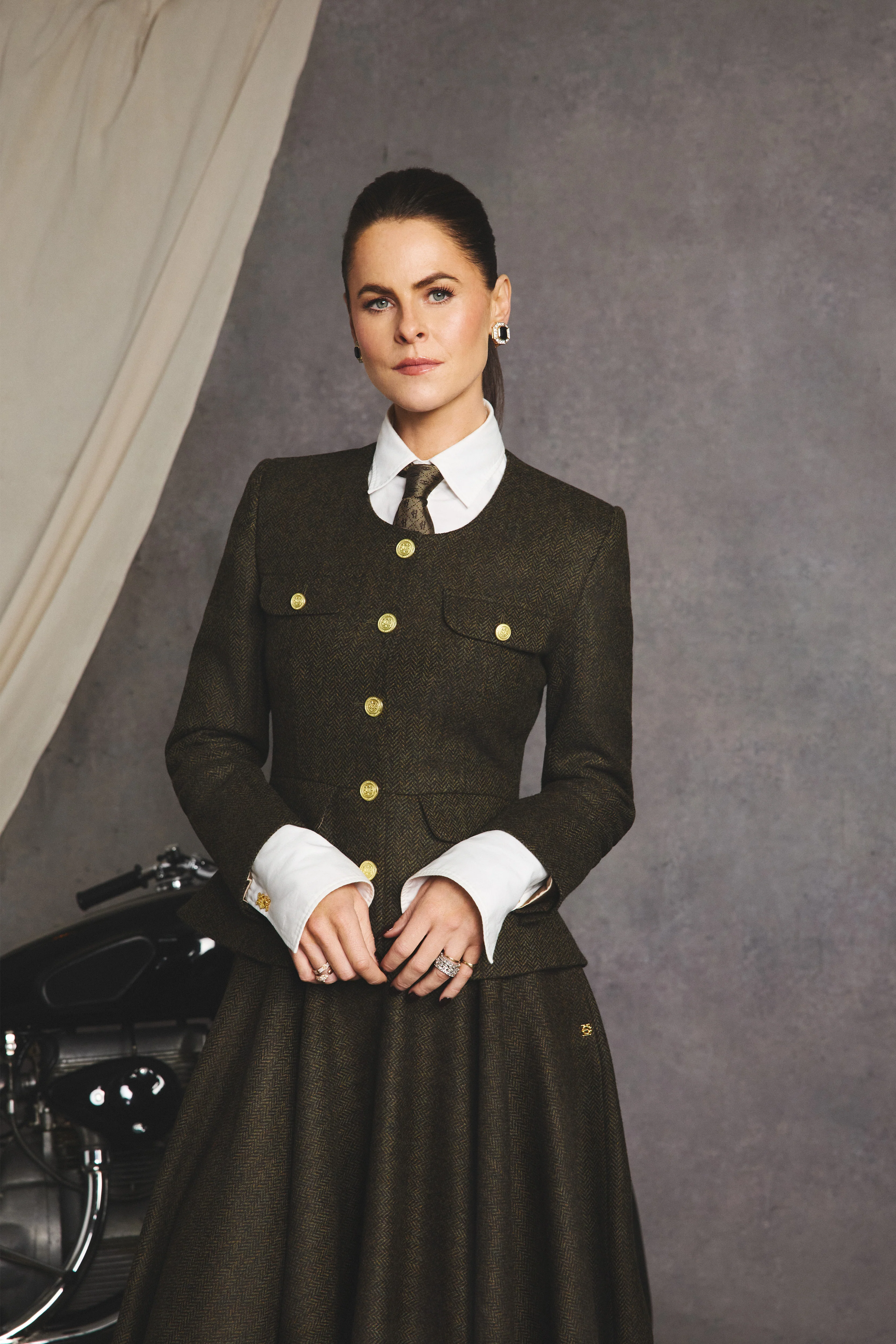Tailored Peplum Jacket (Dark Green Herringbone) - Image 2