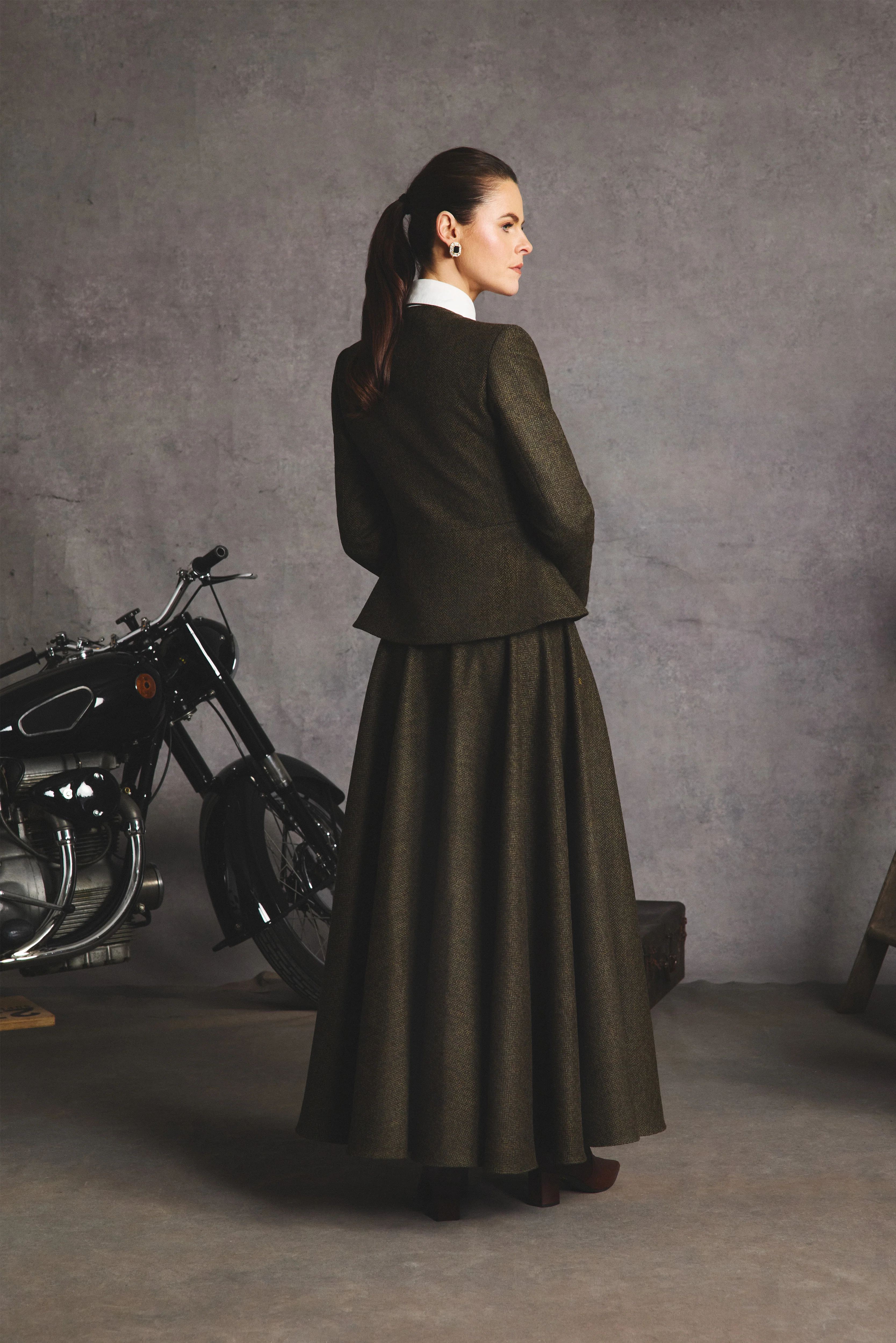 Tailored Peplum Jacket (Dark Green Herringbone) - Image 4